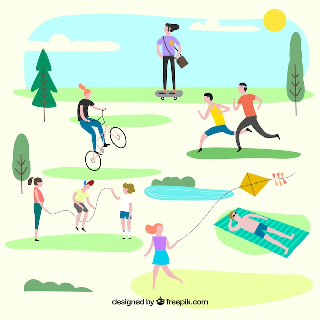 People doing outdoor leisure activities with flat design