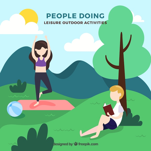 People doing outdoor leisure activities with flat design