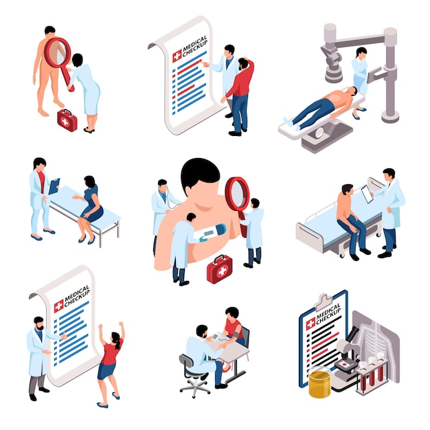 Free Vector people doing through medical checkup isometric icons set isolated 3d vector illustration