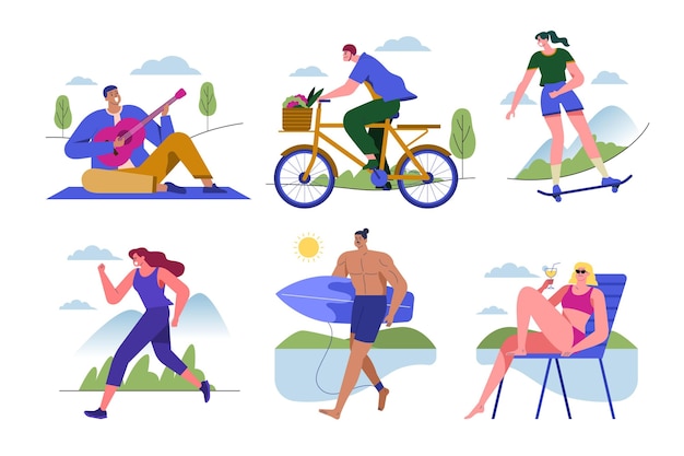 Free Vector people doing various activities in the summer