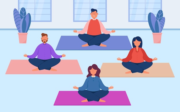 People doing yoga in studio flat vector illustration. Group of business people or office workers trying to relax, sitting in lotus pose on mats, doing physical activity. Mindfulness, sport concept