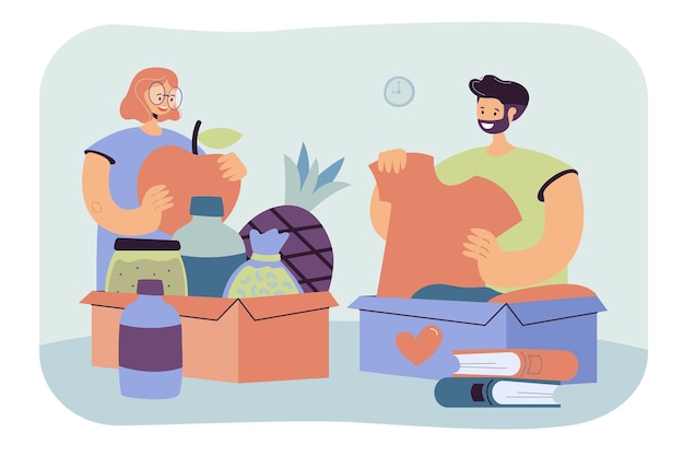 Free Vector people donating clothes, books and food. volunteers packing box for donation. cartoon illustration