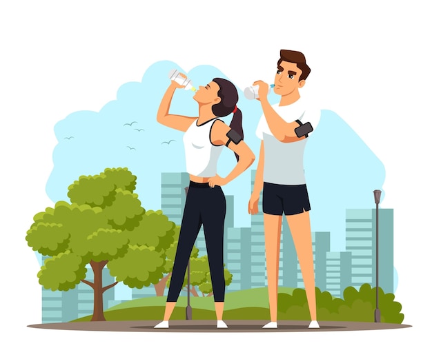 Free Vector people drinking pure water after run woman and man gulping clean fresh water during sport break in park healthy lifestyle sportsman exercising in nature