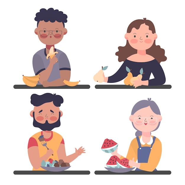 Free Vector people eating watermelon and bananas