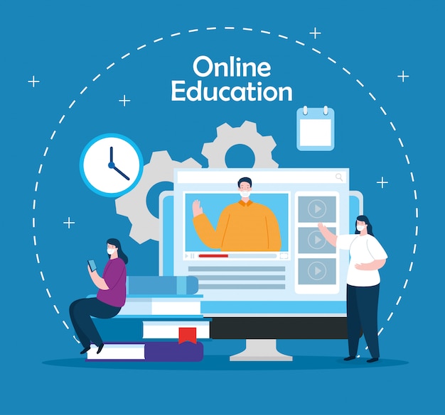 people in education online with computer illustration design