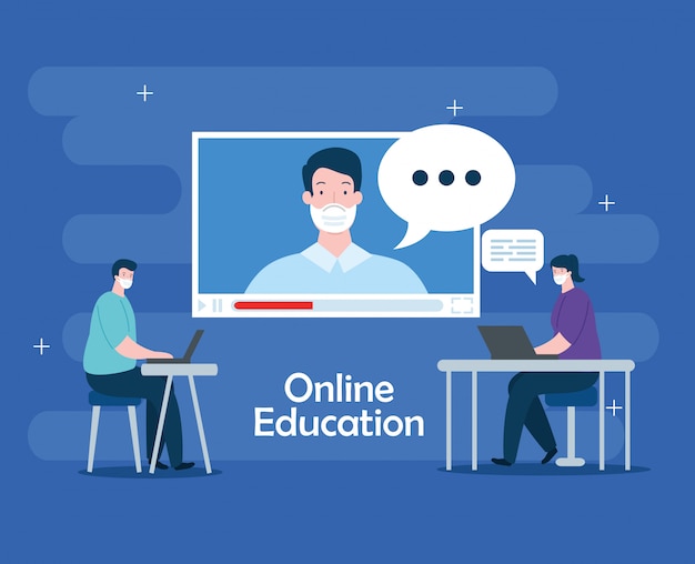 Free Vector people in education online with laptops illustration design