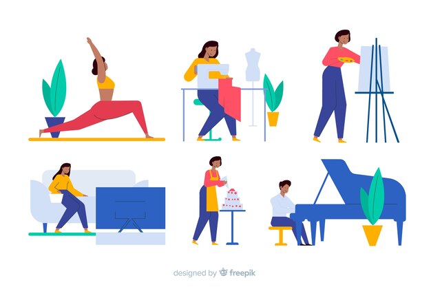 People enjoying their hobbies flat design