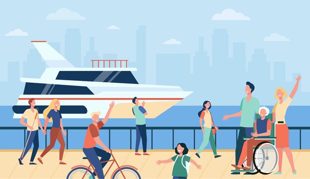 People enjoying vacation and walking by sea or river, waving hello at boat. Flat vector illustration for tourists, seaside, quay, leisure time in summer concept