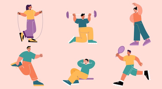 People exercise, sportsmen characters in gym set