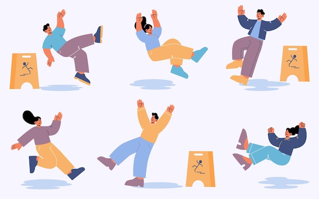 Free Vector people fall down after slip on wet floor