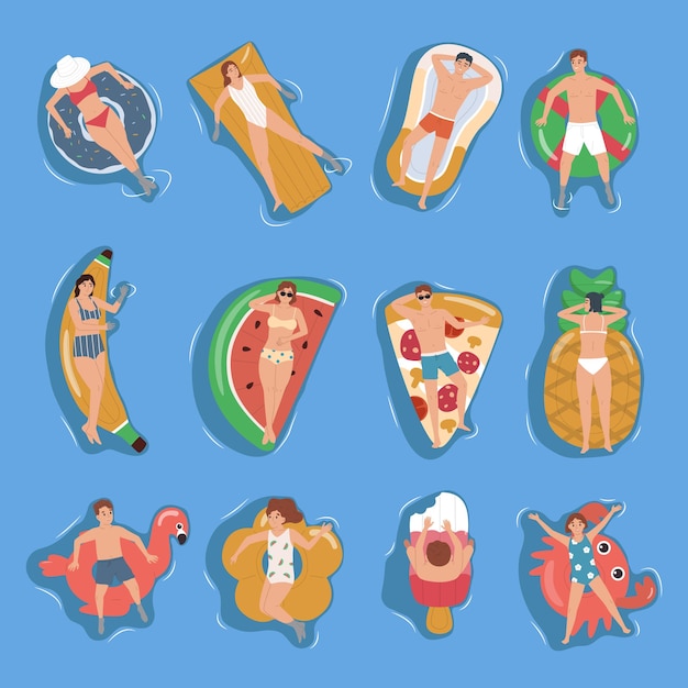 Free Vector people floating on colorful inflatable toys of different shapes top view flat set on blue background isolated vector illustration