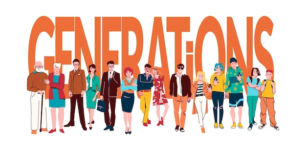 Free Vector people generations header concept with big letters and representatives of different age categories small human characters flat vector illustration