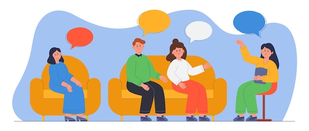 People on group psychotherapy session flat vector illustration. Psychologist talking with patients, discussing life problems. Man and women taking care of mental health. Counseling, psychology concept