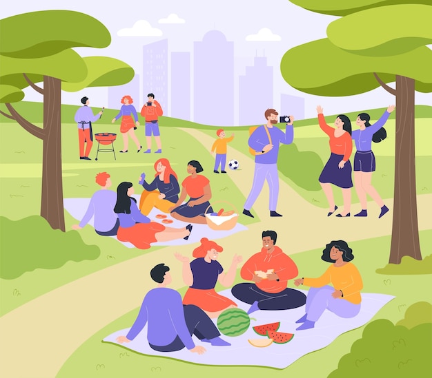 Free Vector people having picnic in public park flat vector illustration. happy men and women, family and children sitting on blanket, eating and talking. landscape, leisure, outdoor activity concept