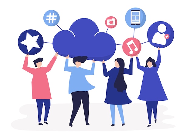 People holding cloud and social networking icons 