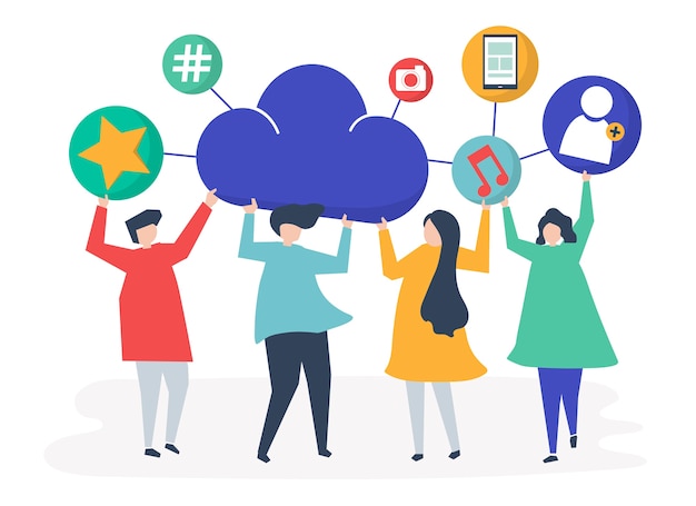 People holding cloud and social networking icons 