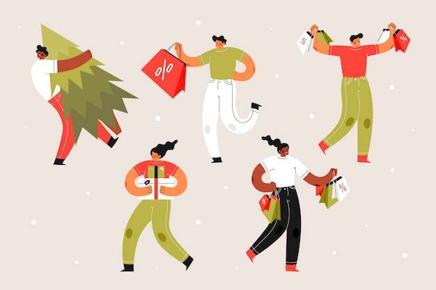 Free Vector people holding gift boxes and trees