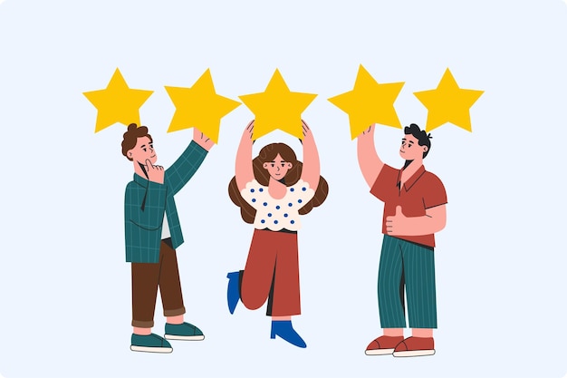 Free vector people holding gold stars and leaving positive feedback