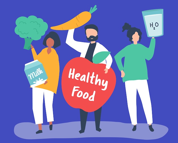 People holding healthy food icons