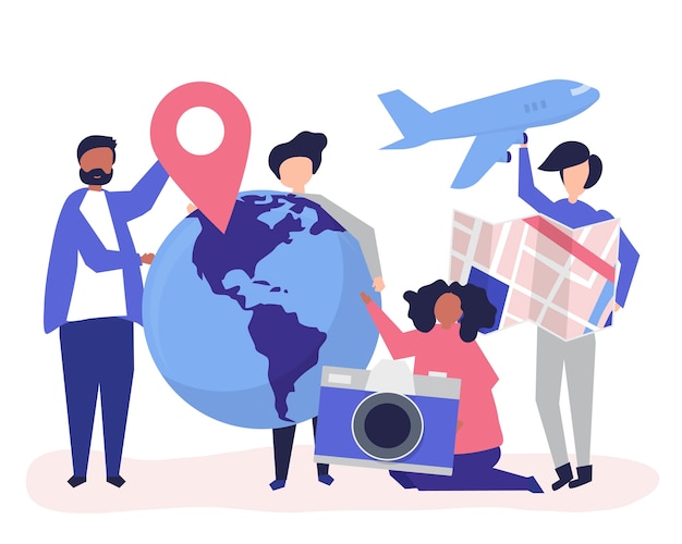 People holding travel related icons