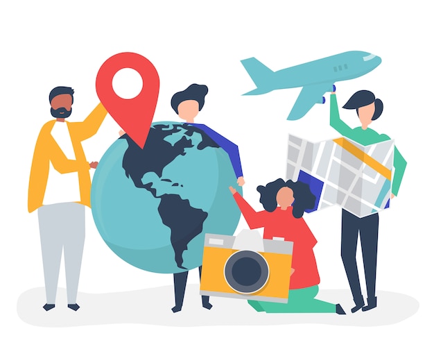 People holding travel related icons