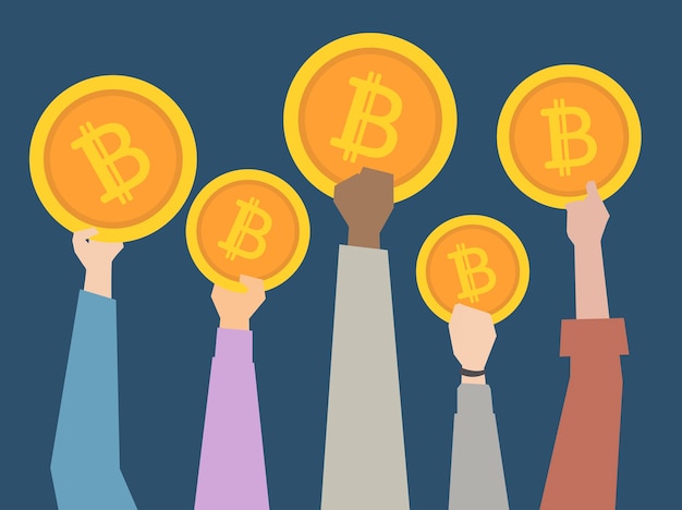 People holding up cryptocurrency illustration