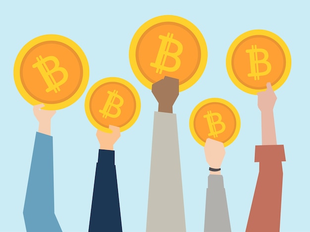 People holding up cryptocurrency illustration