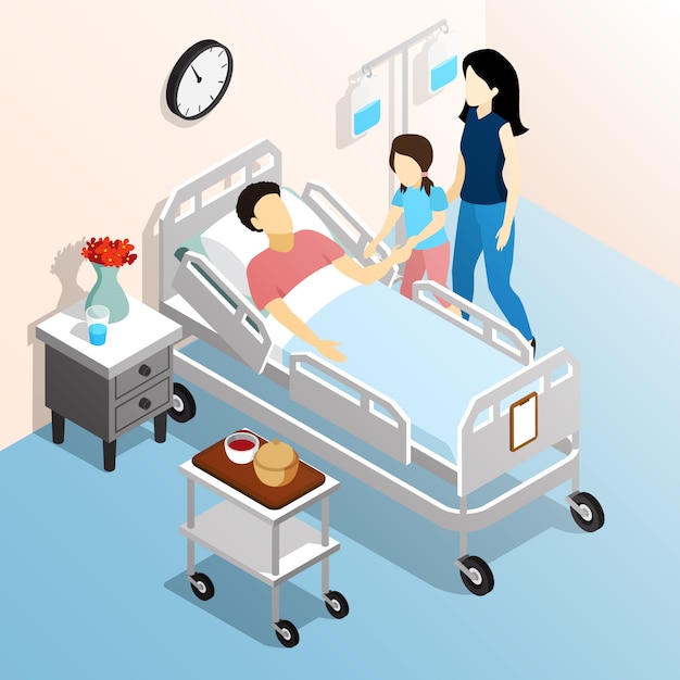 Free Vector people in hospital isometric design concept with family members visiting sick relative flat vector illustration 