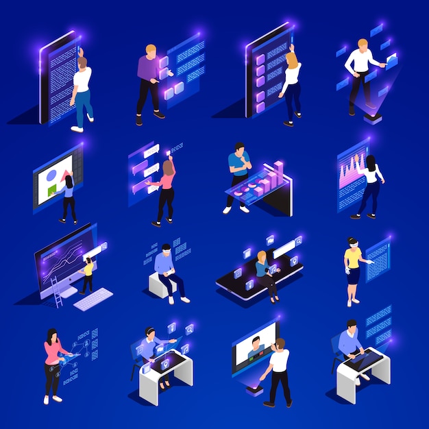 Free Vector people and interfaces glow isometric icon set with cloud interfaces vr abstract smart elements vector illustration