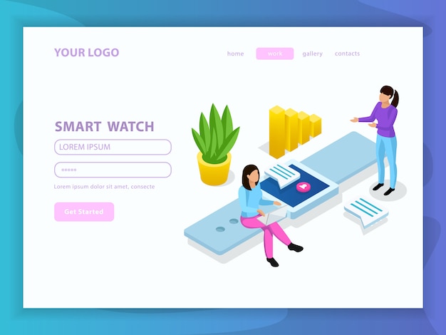 People and interfaces isometric composition with get started button menu and smart watch headline illustration