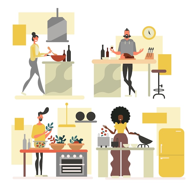 Free Vector people at the kitchen collection