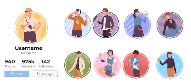 Free Vector people lifestyle flat set of social media avatars with young stylish men and woman isolated vector illustration