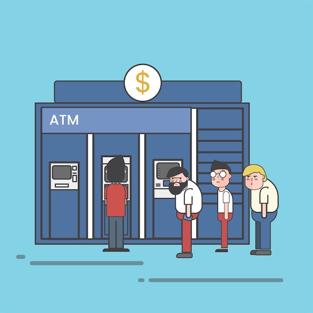 Free Vector people lining up to withdraw or deposit money on atm illustration