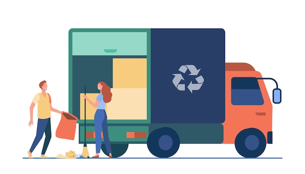 People loading garbage into truck. Trash pickup with recycling sign flat vector illustration. Garbage disposal, volunteering, trash collection