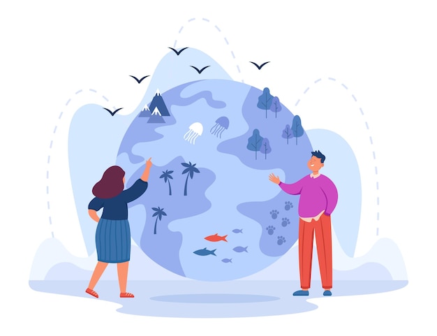 People looking at globe with various flora and fauna. Man and woman studying diversity of environment, plants, ocean animals flat vector illustration. Biodiversity, wildlife, habitat, conservation con