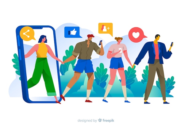 People looking at phone with social media icons concept illustration