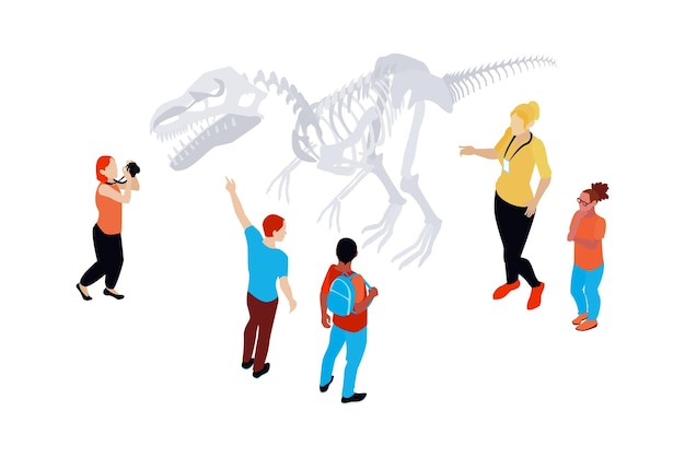 Free Vector people looking and taking photo of dinosaur skeleton on museum excursion with guide isometric vector illustration