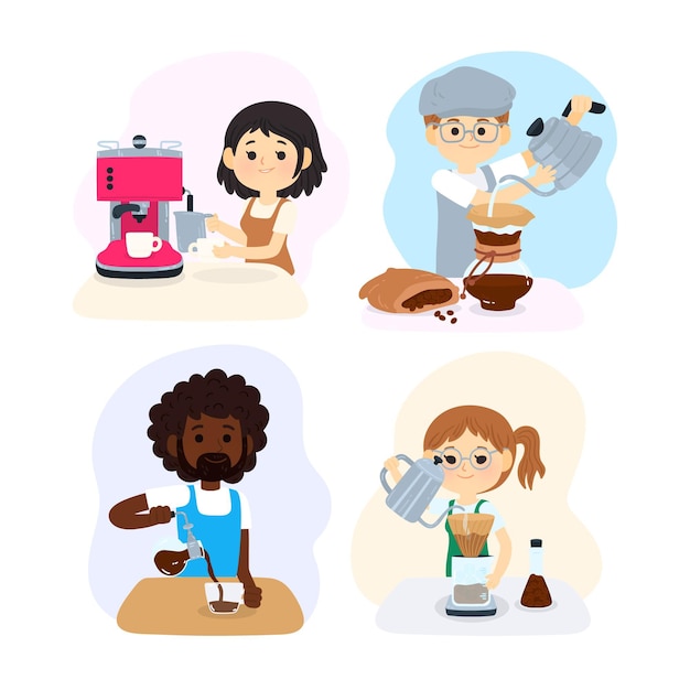 Free Vector people making different coffee methods set