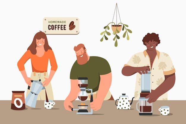 Free Vector people making different coffee methods