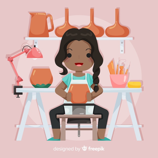 Free Vector people making pottery flat design