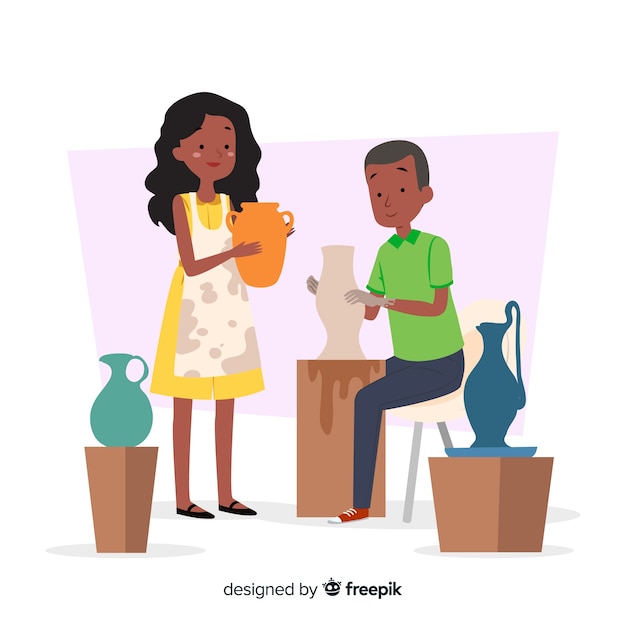 Free Vector people making pottery flat design