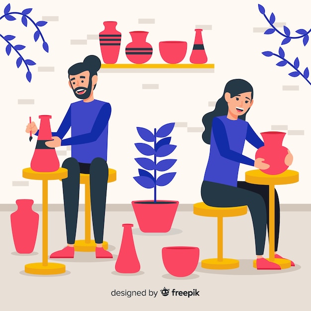 People making pottery flat design