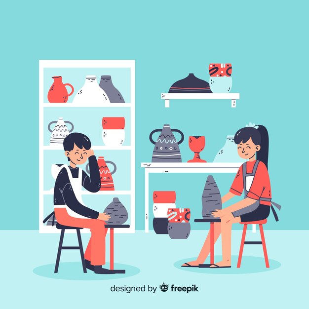 People making pottery flat design