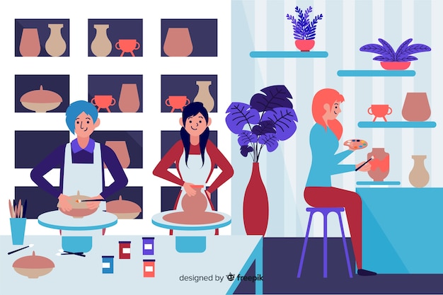 Free Vector people making pottery flat design