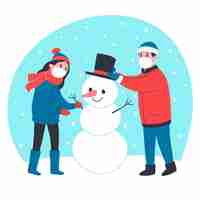 Free vector people making together a snowman while wearing medical masks