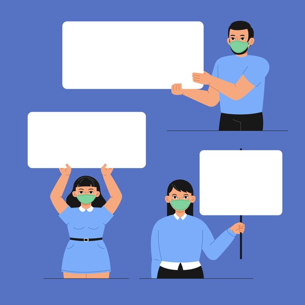 People in medical masks with placards illustrated