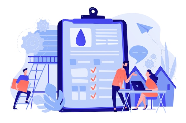 Free Vector people near huge paper tablet with report of water flow and checkboxes analyzing data. water management, ecology, iot and smart city concept. vector illustration