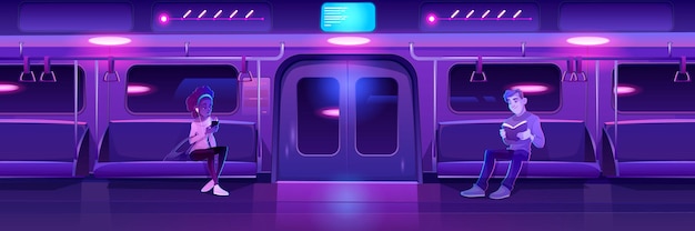 Free Vector people in night subway train car woman with phone and man with book in metro wagon with neon glowing illumination