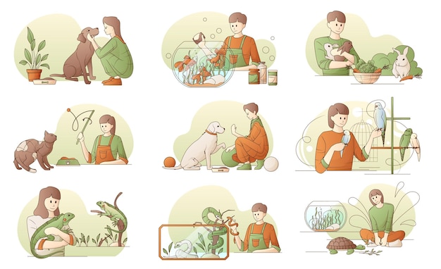 Free Vector people playing feeding looking after their pets flat set isolated vector illustration