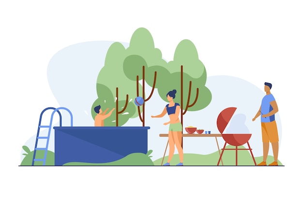 Free Vector people playing, swimming, cooking at backyard. barbecue, park, nature flat vector illustration. summer activity and weekend concept 